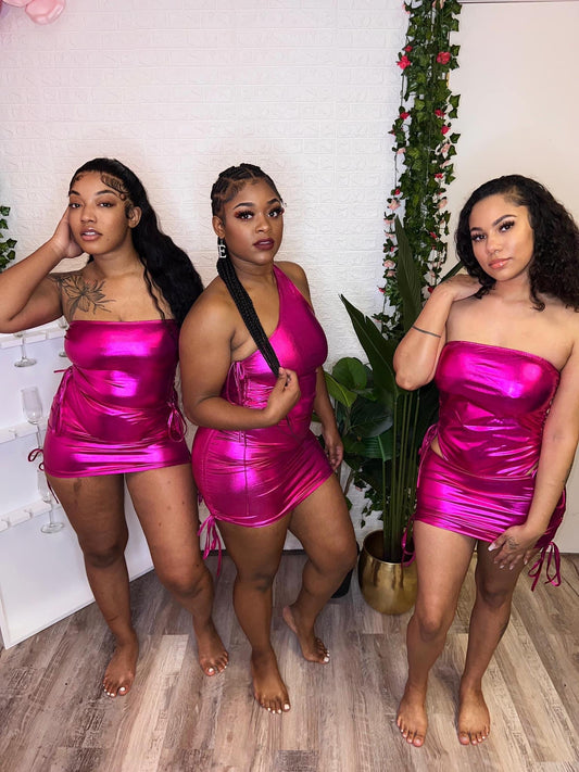 Pink Metallic Tube Skirt Set